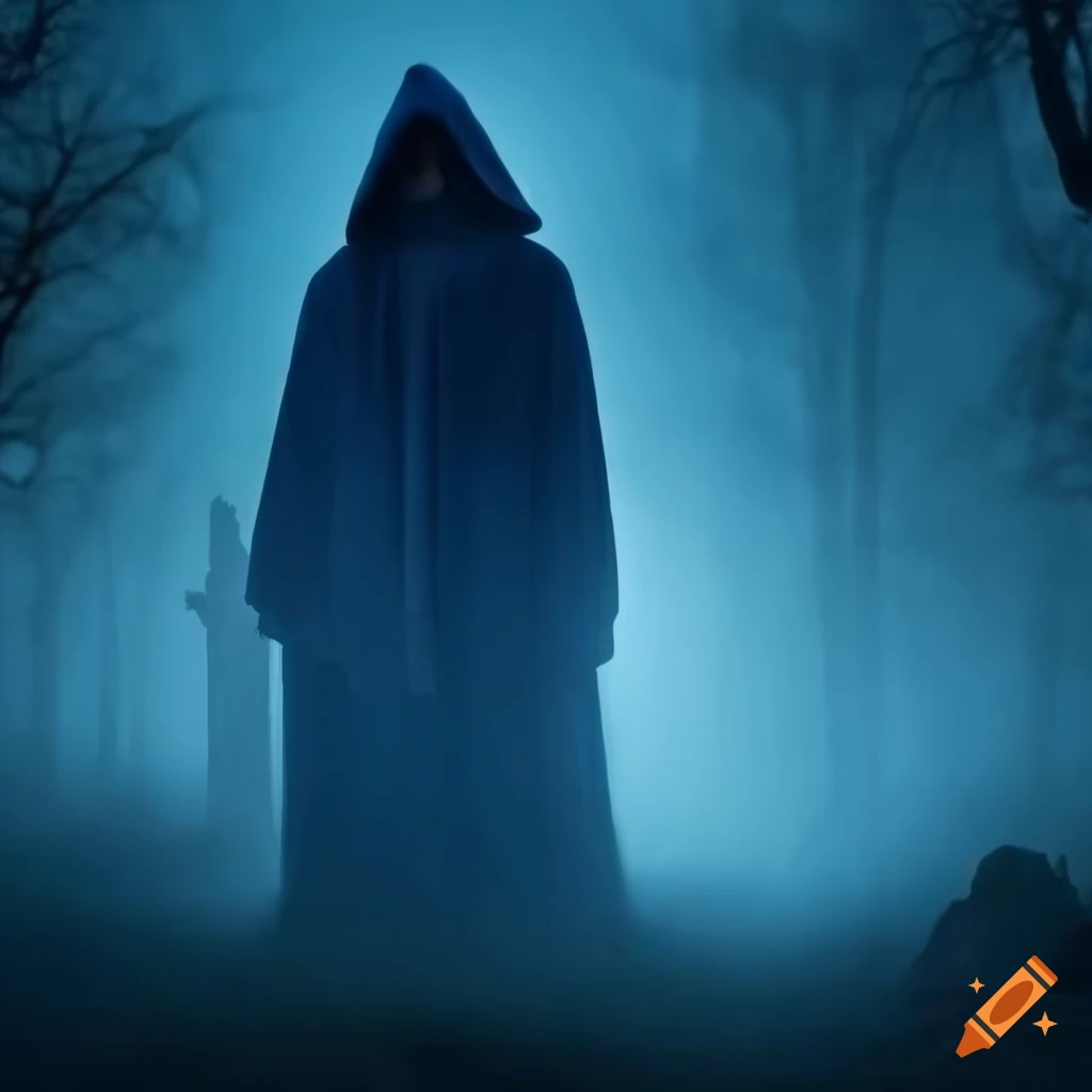 Mystic cemetery with blue mist and figure in hooded cloak at dusk