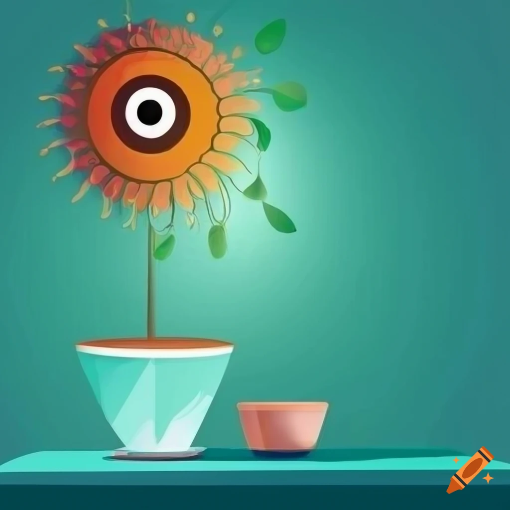 Surreal flat design of decorative pot and cyclops eye flowers on a table with patterned tablecloth and morning window