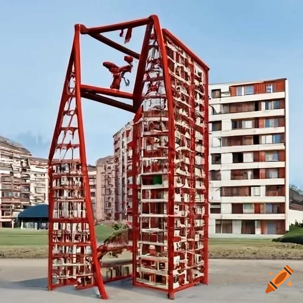 Spider-Man themed metal climbing frame surrounded by brown blocks of flats