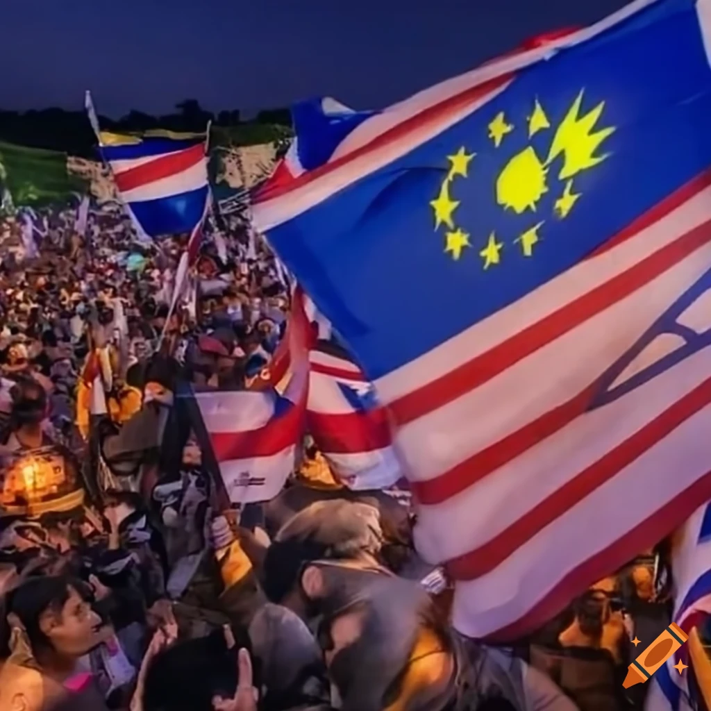 Large rally with people holding flags in kota bharu, kelantan on Craiyon