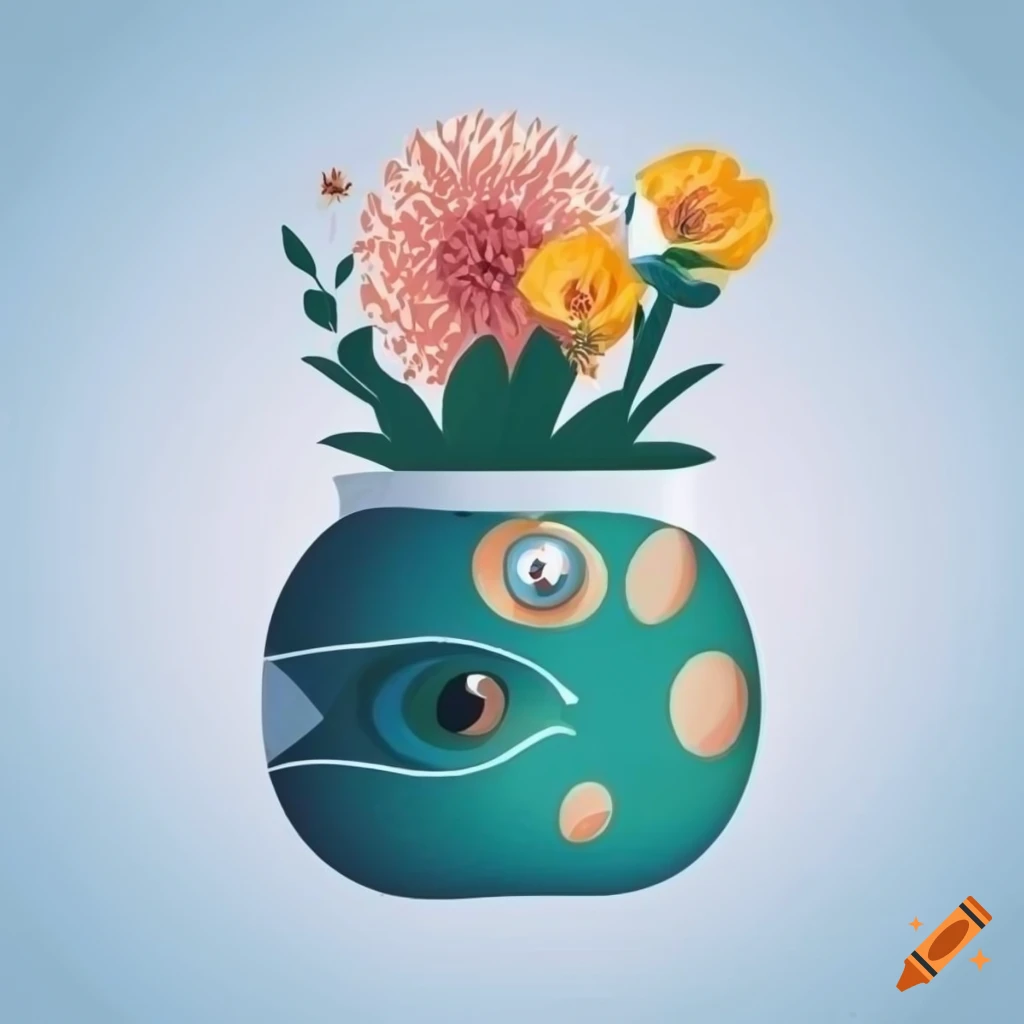 Surrealistic flat design of decorative pot and flowers with a cyclops eye on a table with patterned tablecloth and a morning window