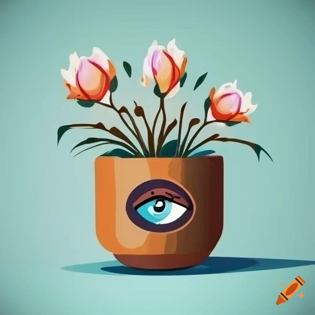 Surreal flat design of decorative pot and flowers with cyclops eye on table with patterned tablecloth and morning window