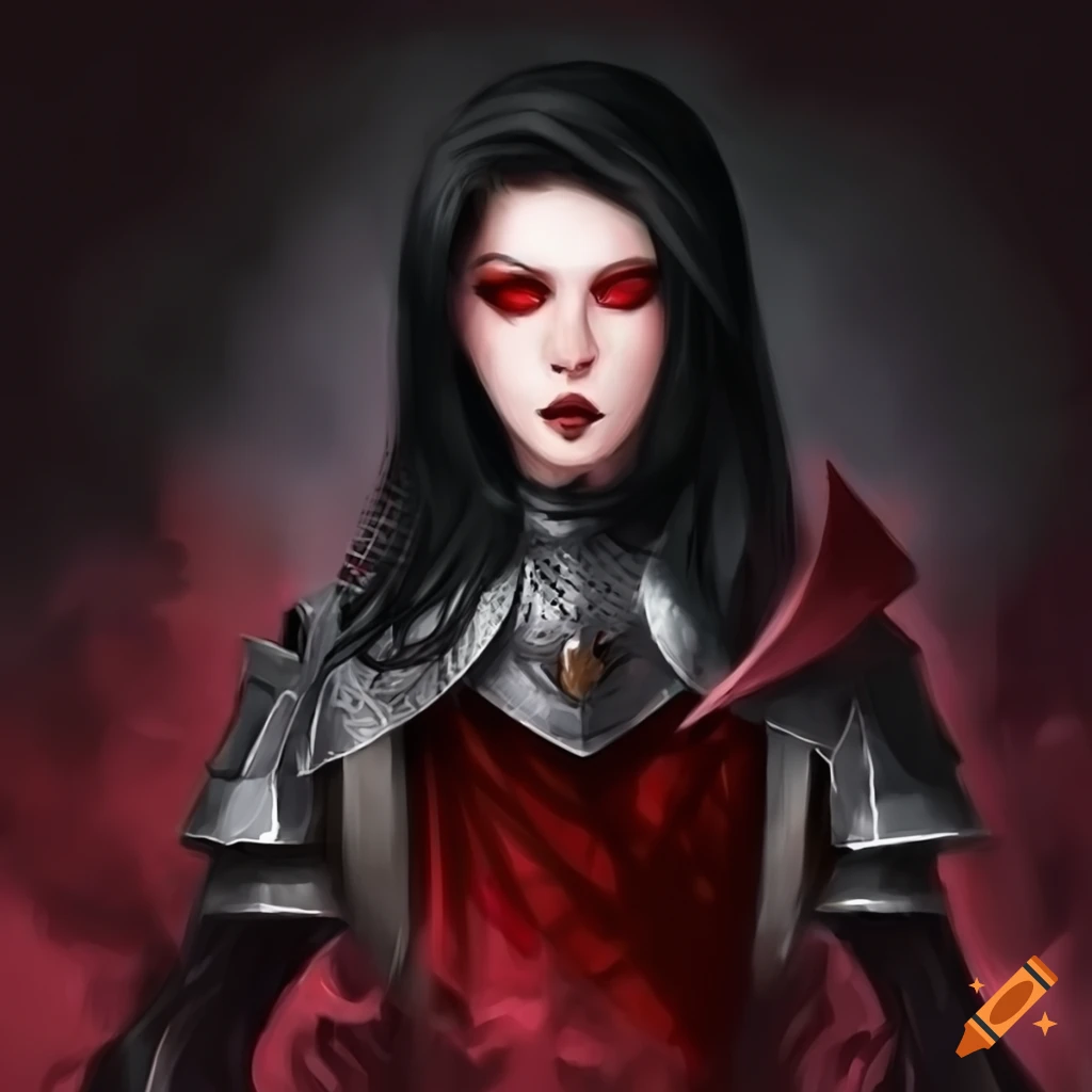 Knight woman with black hair and red eyes on Craiyon