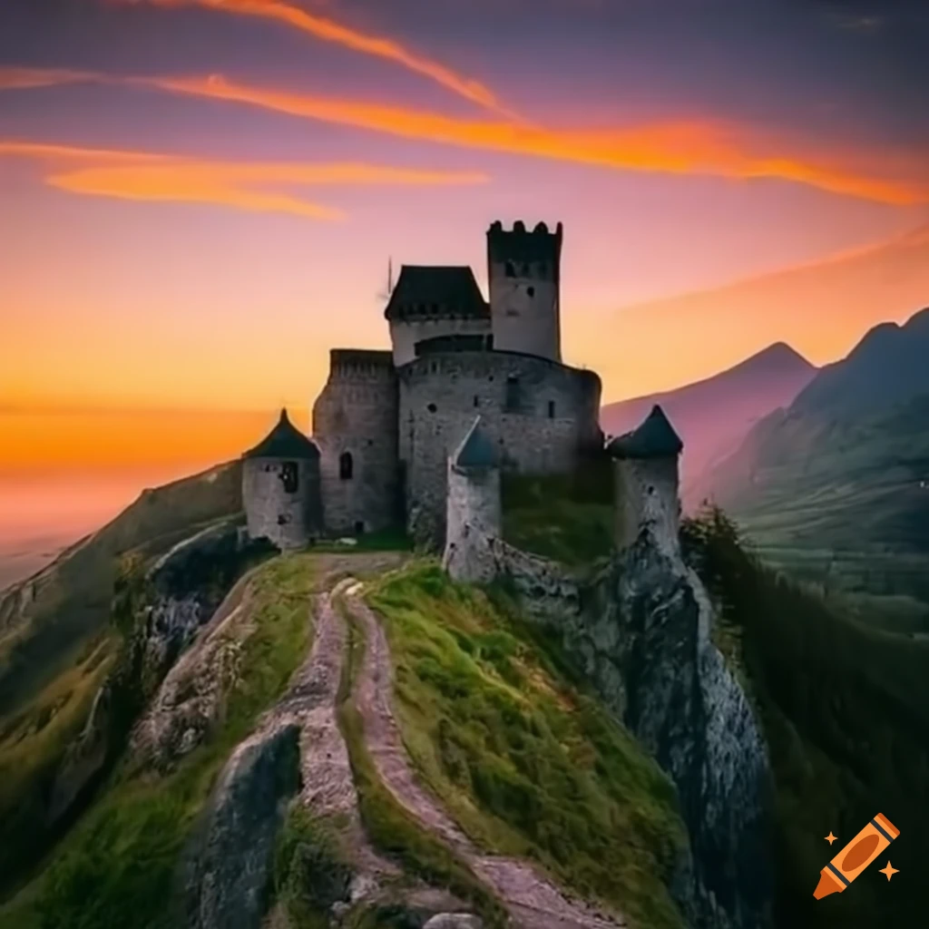 Medieval fortress on a mountain on Craiyon