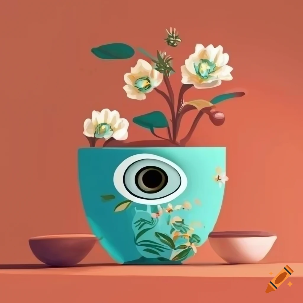 Surreal flat design of decorative vase and flowers with an eye at the center of the petals on a table with patterned tablecloth and morning window