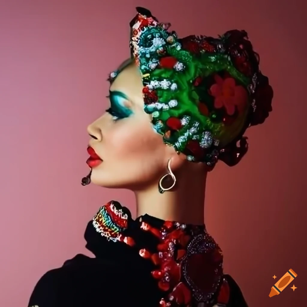 Futuristic girl with big earrings featuring Russian folk ornament