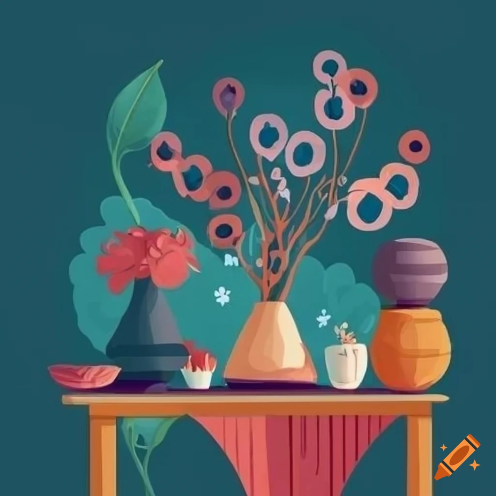 Surreal flat design of decorative pot and cyclops flowers on a table with patterned tablecloth and morning light through a window