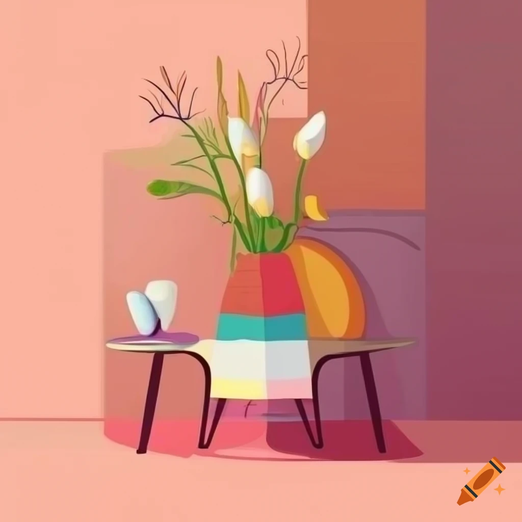 Surreal flat design of decorative pot and cyclops flowers on a table with patterned tablecloth and morning window