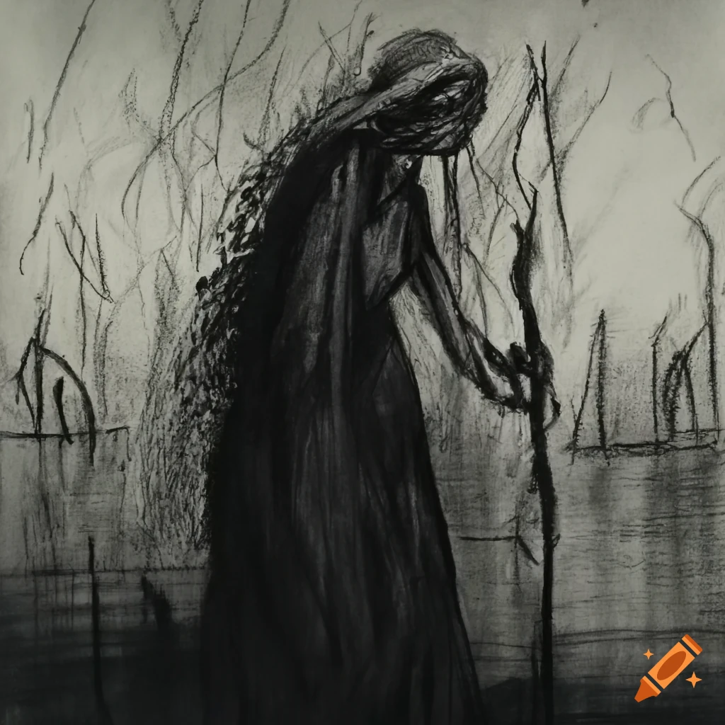 Scary old peasant woman emerging from the swamp in a charcoal drawing