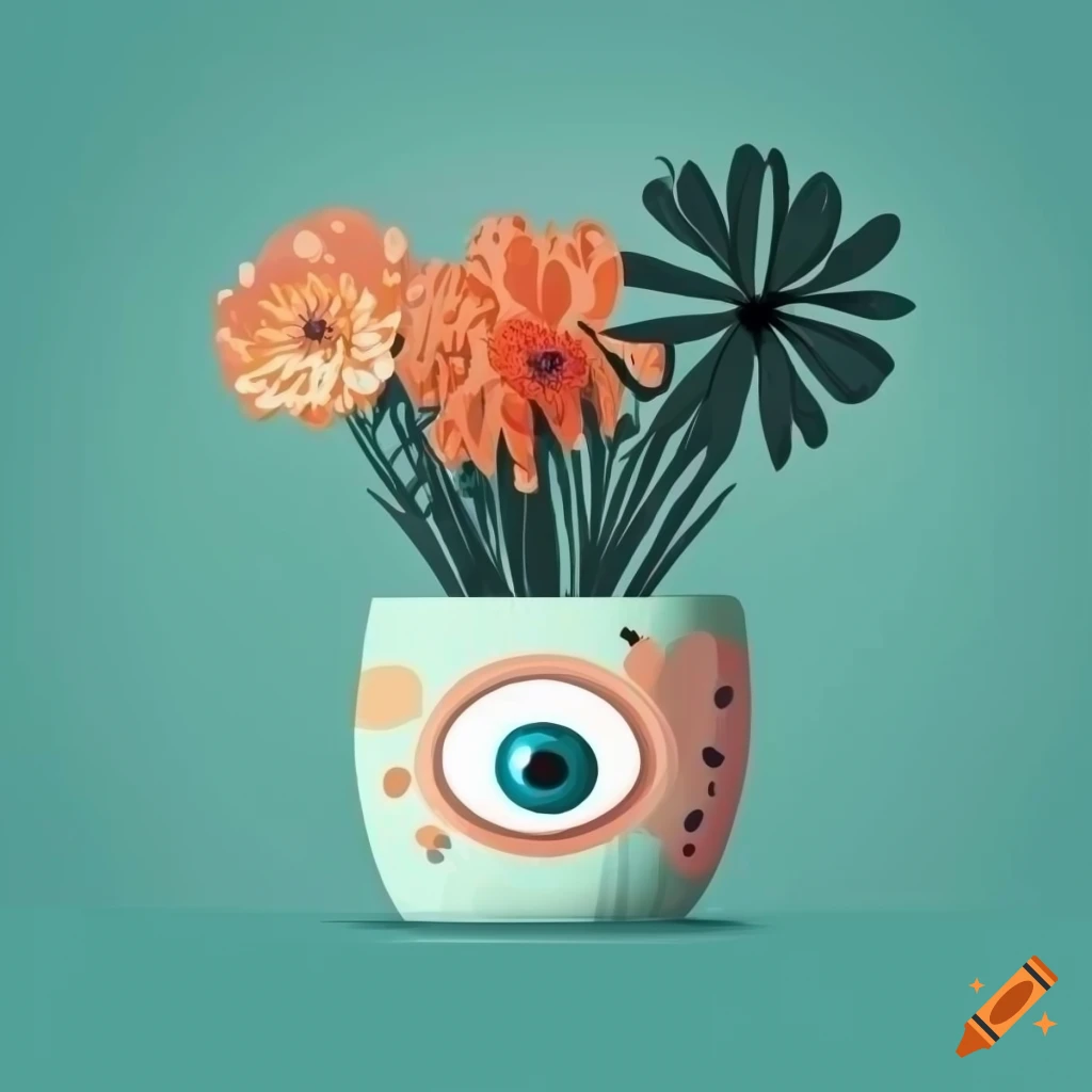 Surreal flat design of decorative pot and flowers with an eye in the center of the petals on a table with patterned tablecloth and morning window