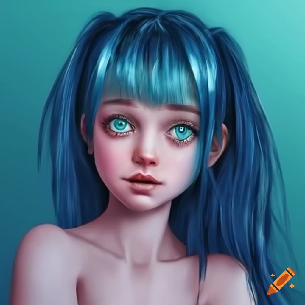 Blue colored girl with green eyes in 3/4 body view