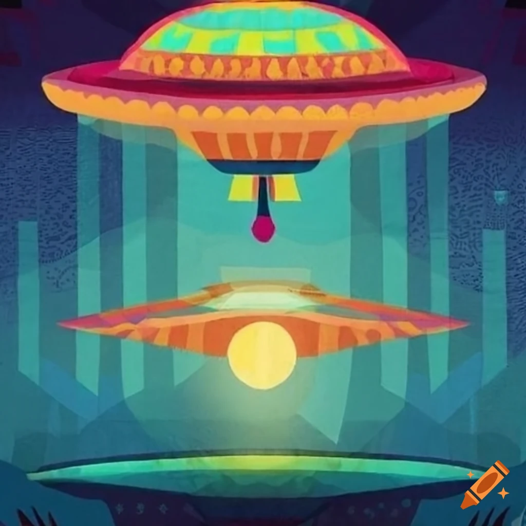 Quilt pattern of a UFO in Mary Blair style with isosceles triangles