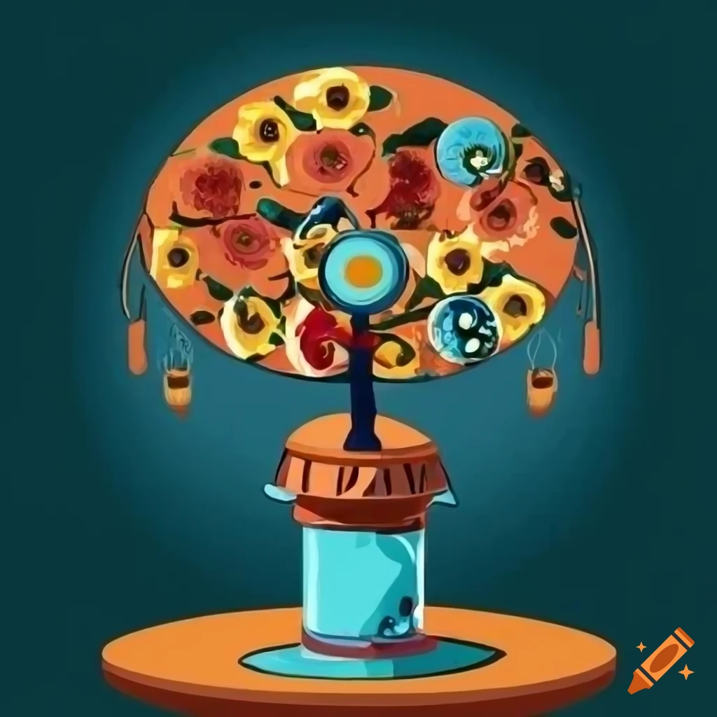 Surrealistic flat design of decorative pot and cyclops eye flowers on a table with patterned tablecloth and morning window