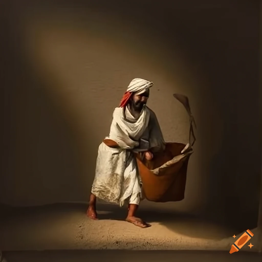 Middle Eastern farmer planting seeds in the first century with a pouch ...