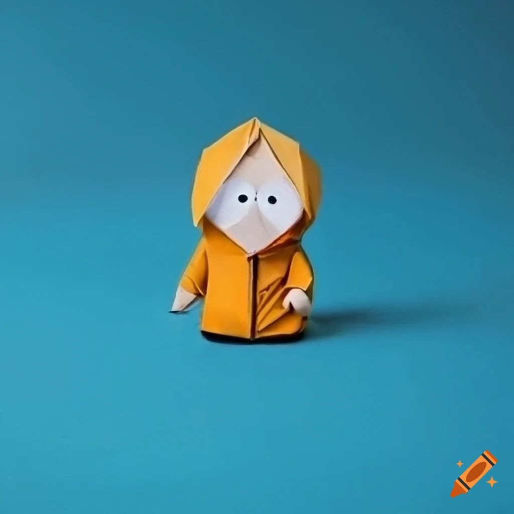 Origami art of Kenny McCormick on a blue background