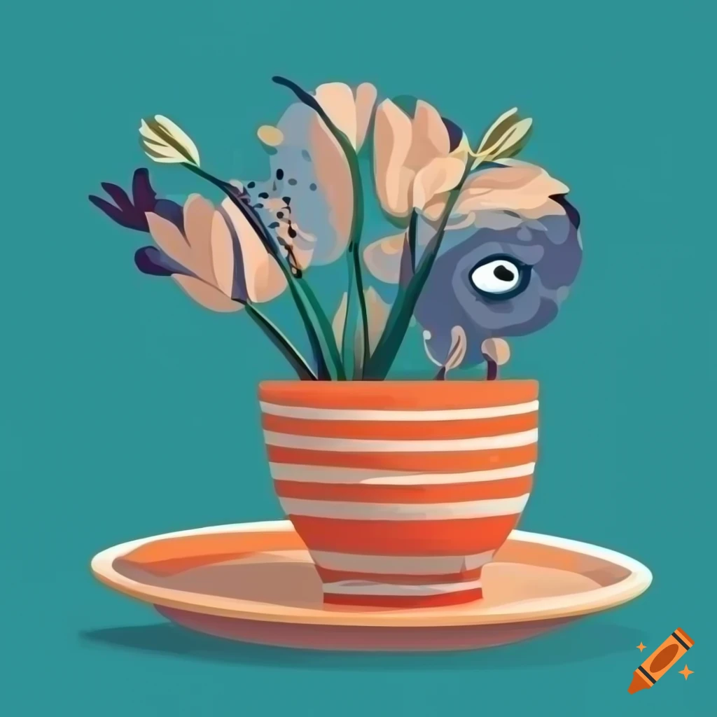 Surreal flat design of decorative pot and flowers with an eye in the center of the petals on a table with patterned tablecloth and morning window
