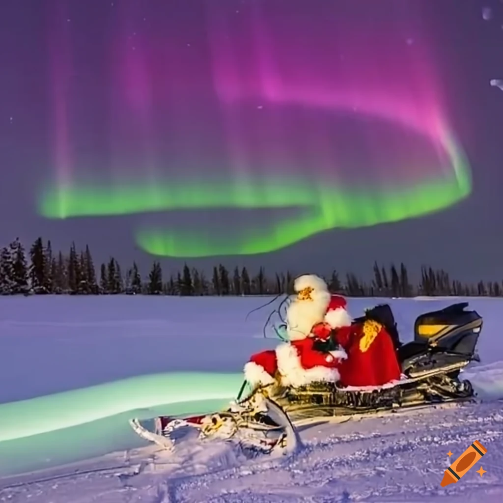 Santa Claus riding a snowmobile under the northern lights in Yellowknife