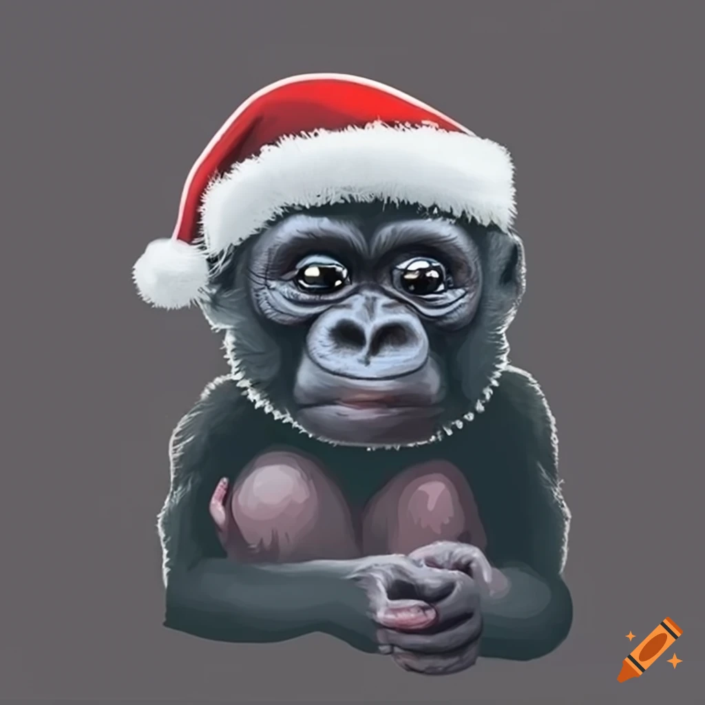 Black baby gorilla with Christmas hat and smug smile