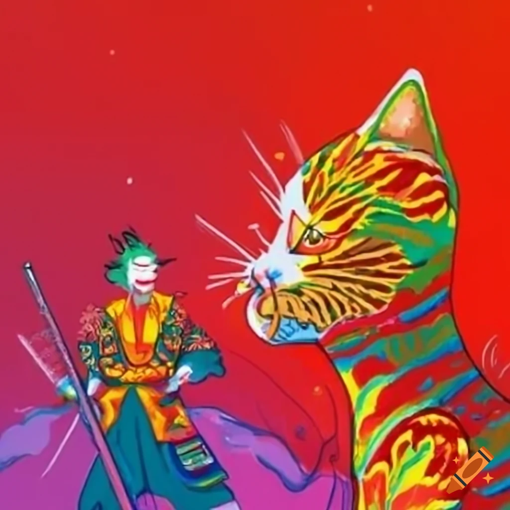 Ginger cat in a battle with the Joker under a night sky with a temple in a Ming dynasty setting