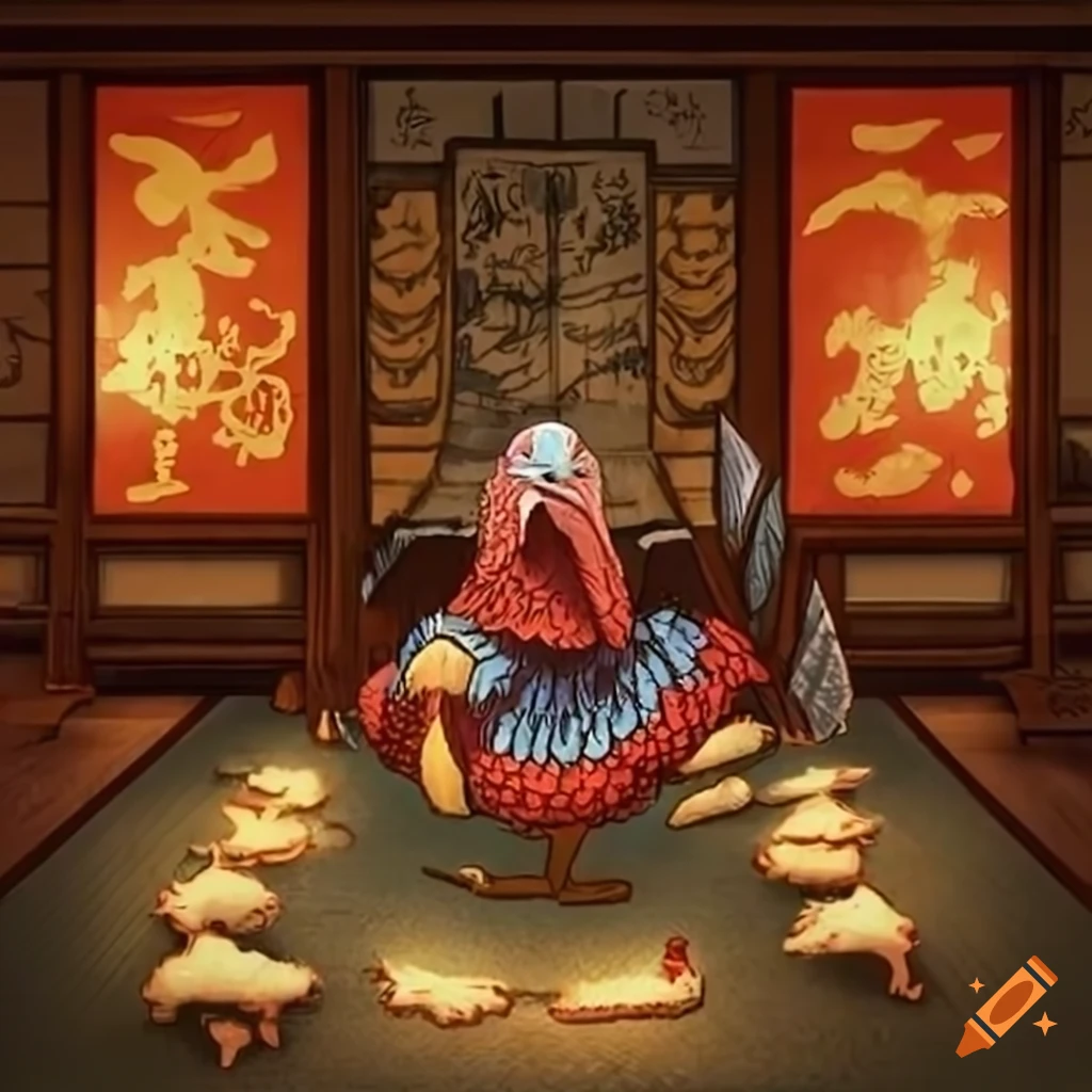 Fantasy art of turkeys in a traditional Japanese dojo from Dungeons & Dragons