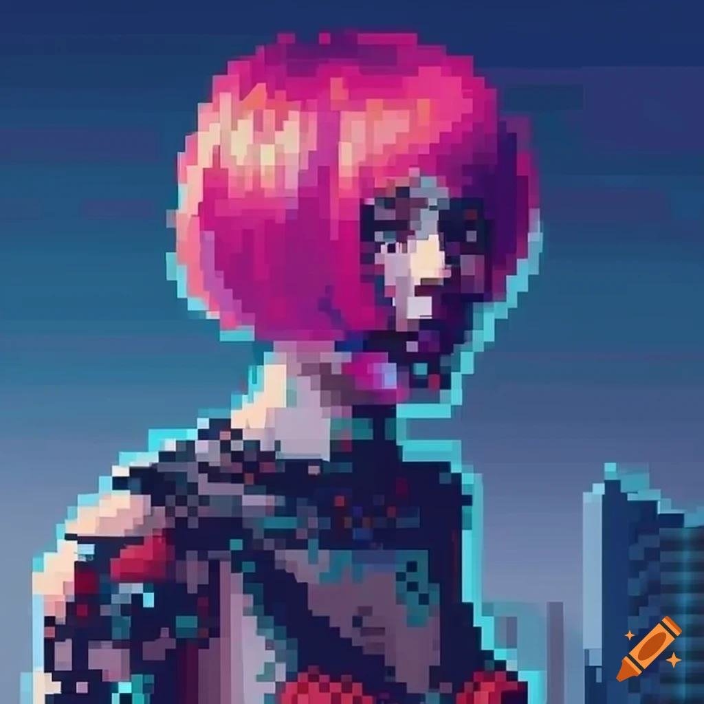 Pixelart portrait of an Irish android cyborg girl on a cyberpunk skyscraper