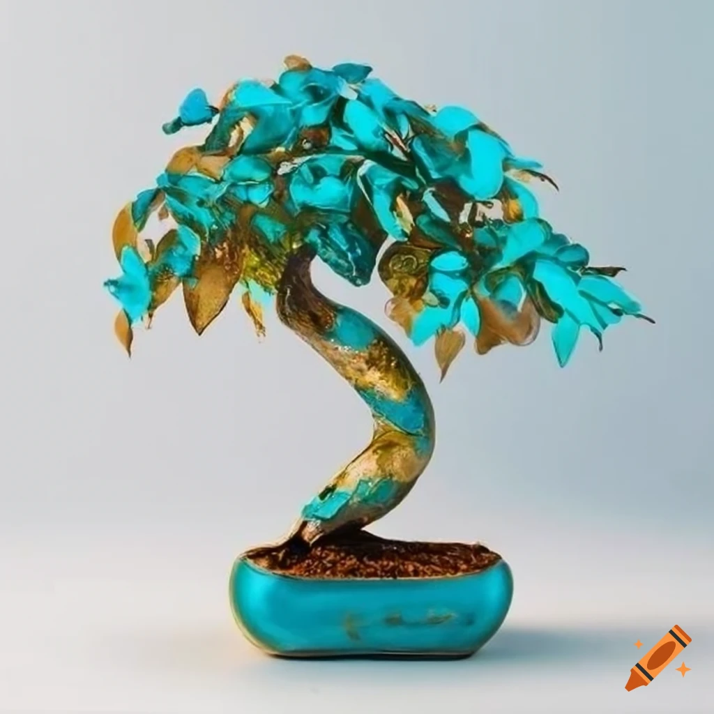 Bonsai money tree with turquoise and golden marbled leaves on white background