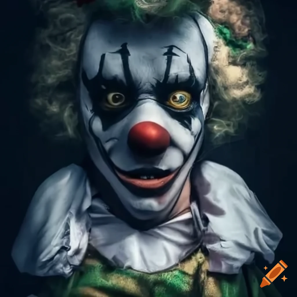 Creepy clown in camo smoking cigarettes with a hippy background