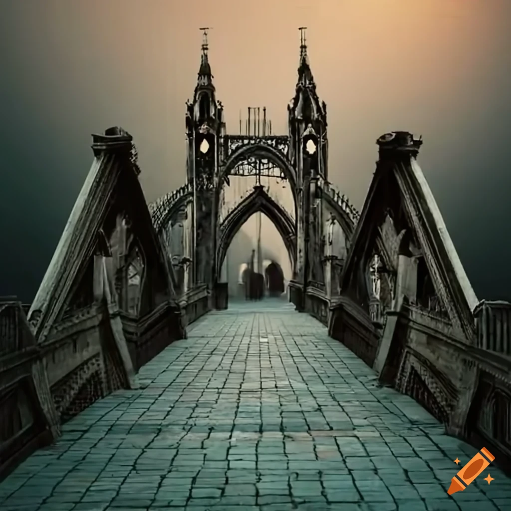 1930's car crossing a gothic bridge in a sideways perspective