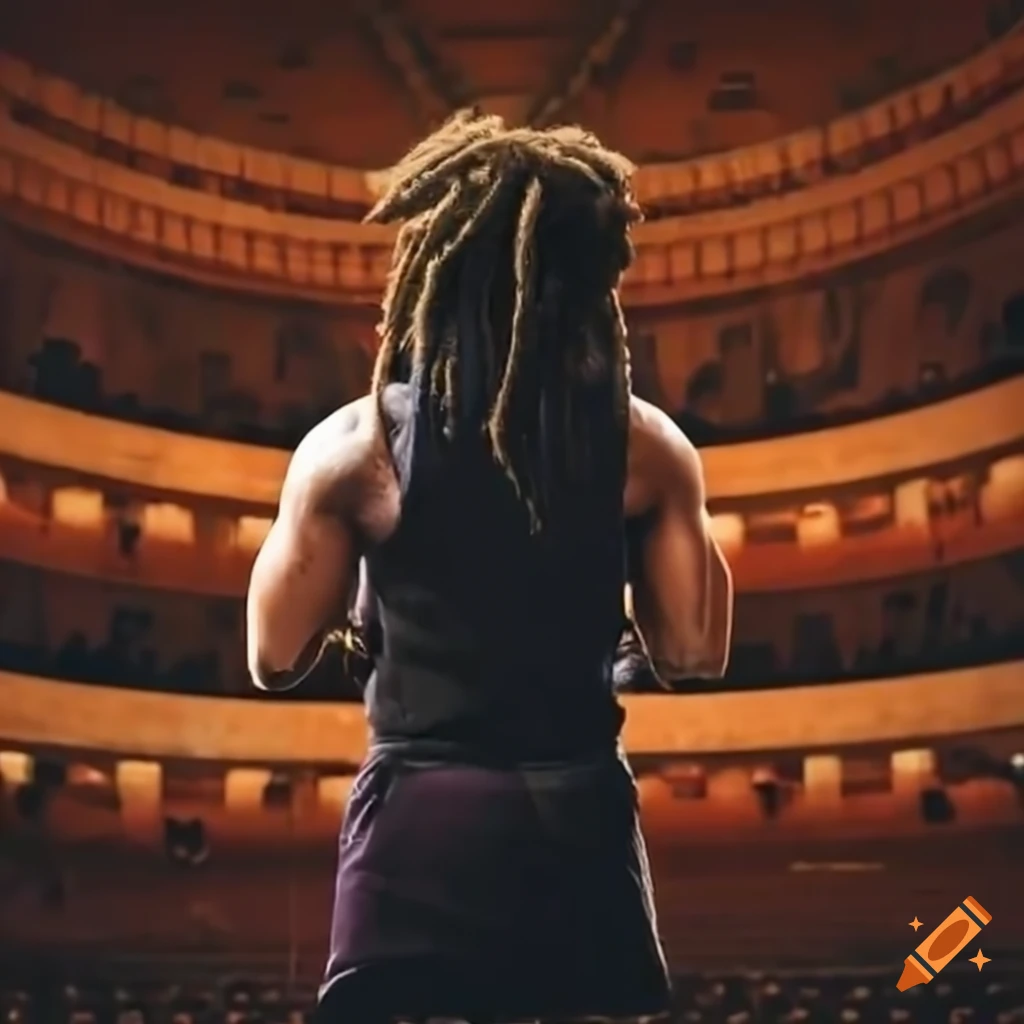 Black man with dreadlocks facing a philharmonic orchestra in an amphitheatre