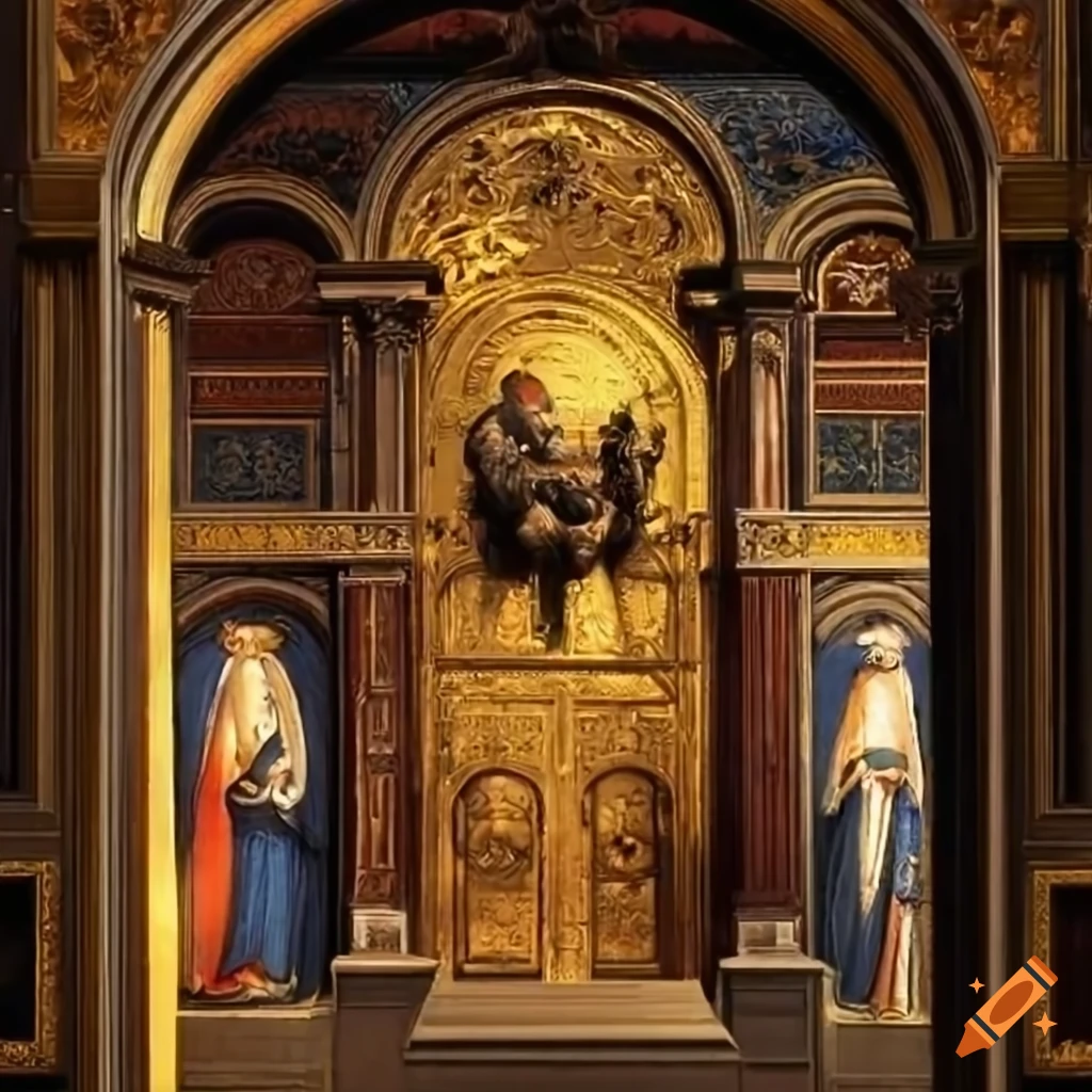 A golden door with a king sitting sadly in front of a fire