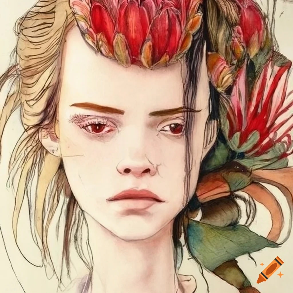 Portrait of noble lady with protea flower in her hair, fashion drawing with abstract elements