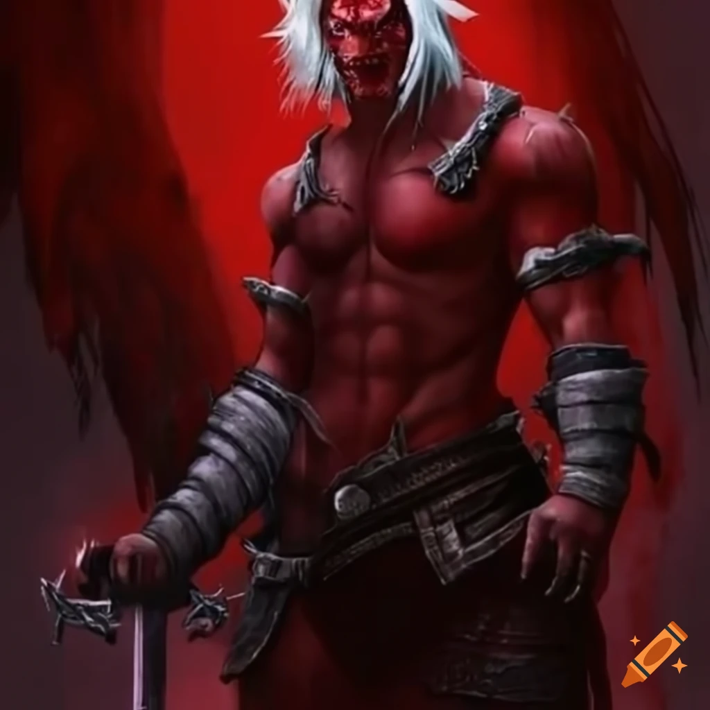 Blood red tiefling barbarian resembling Dante from Devil May Cry
