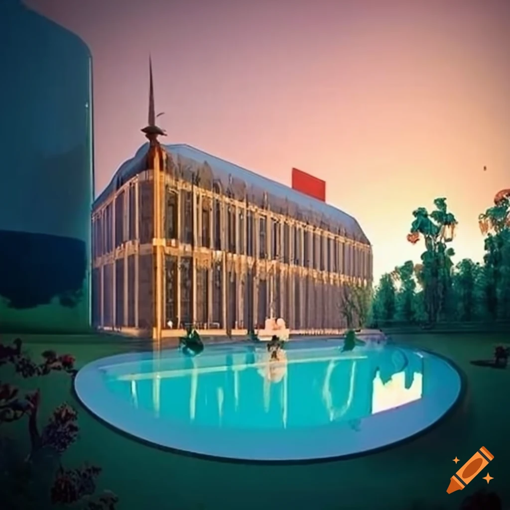 Modern building with swimming pool and helicopter landing pad next to a flower garden