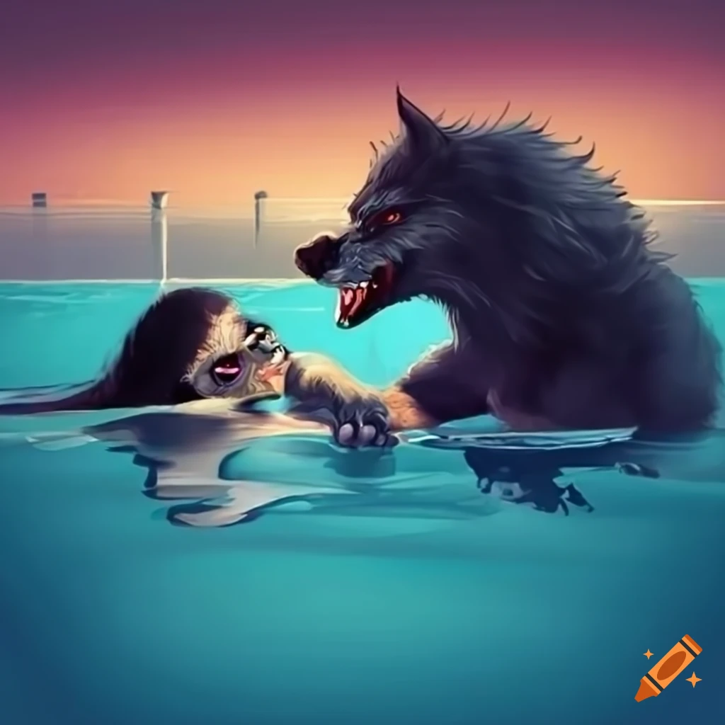 Two werewolves playing in a pool