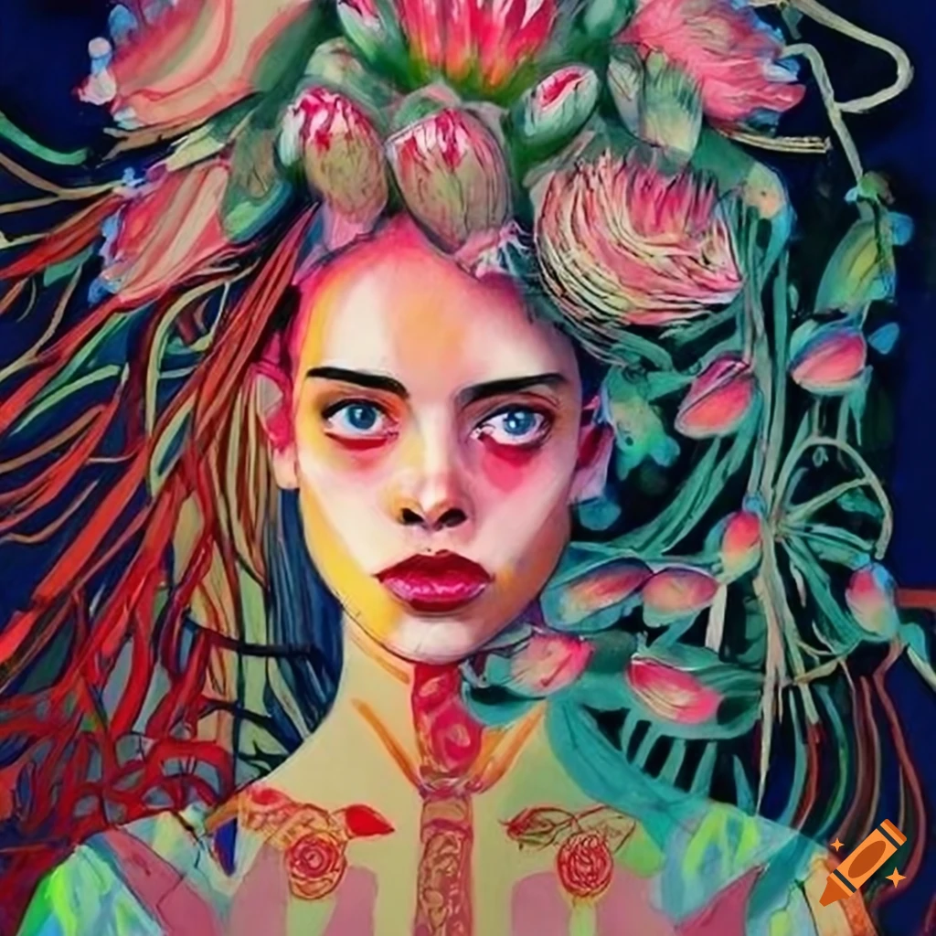 Noble lady portrait with protea flower in her hair, fashion drawing with native beading