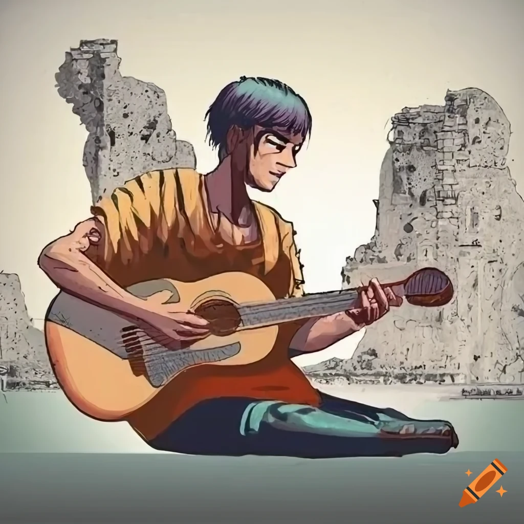 Musician playing guitar near Gallo-Roman ruins in La Turbie, France