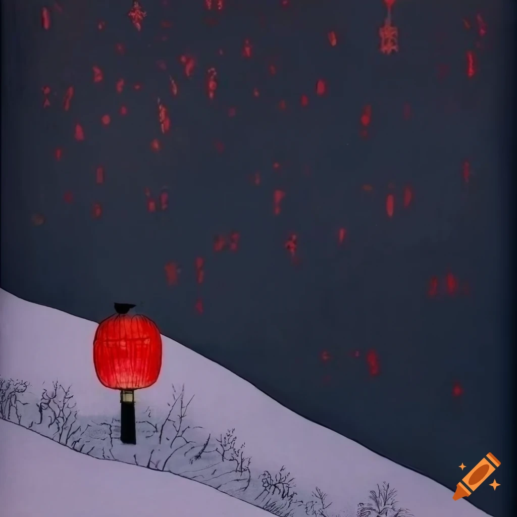 Serene Ukiyo-e style with a glowing scarlet lantern on a snowy hill at night