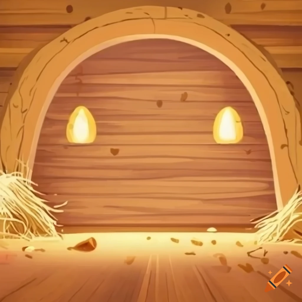 Wooden room with beams and sawdust, children's book illustration