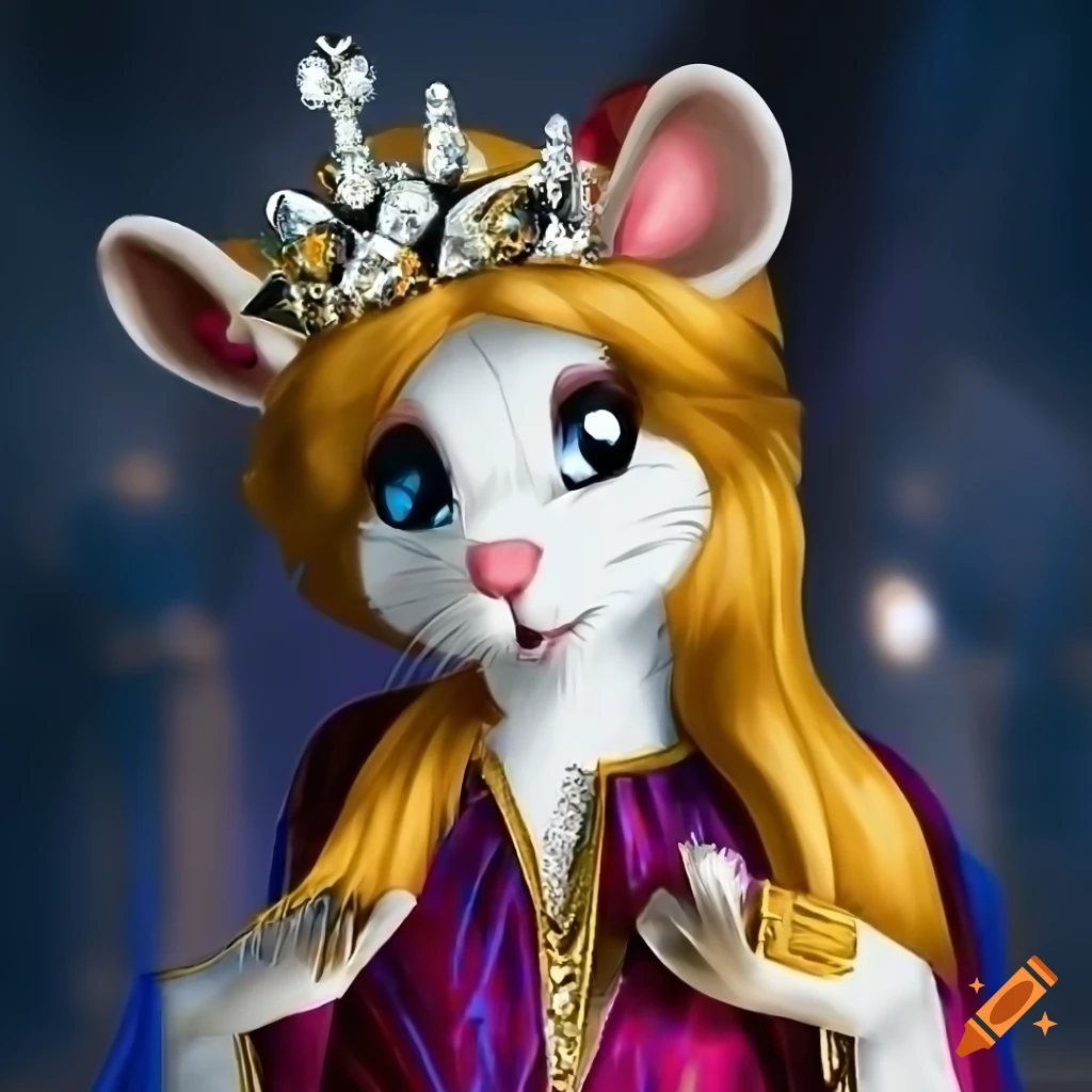 Anthro slender mouse queen with white fur, golden hair, and ice blue eyes in oil painting style