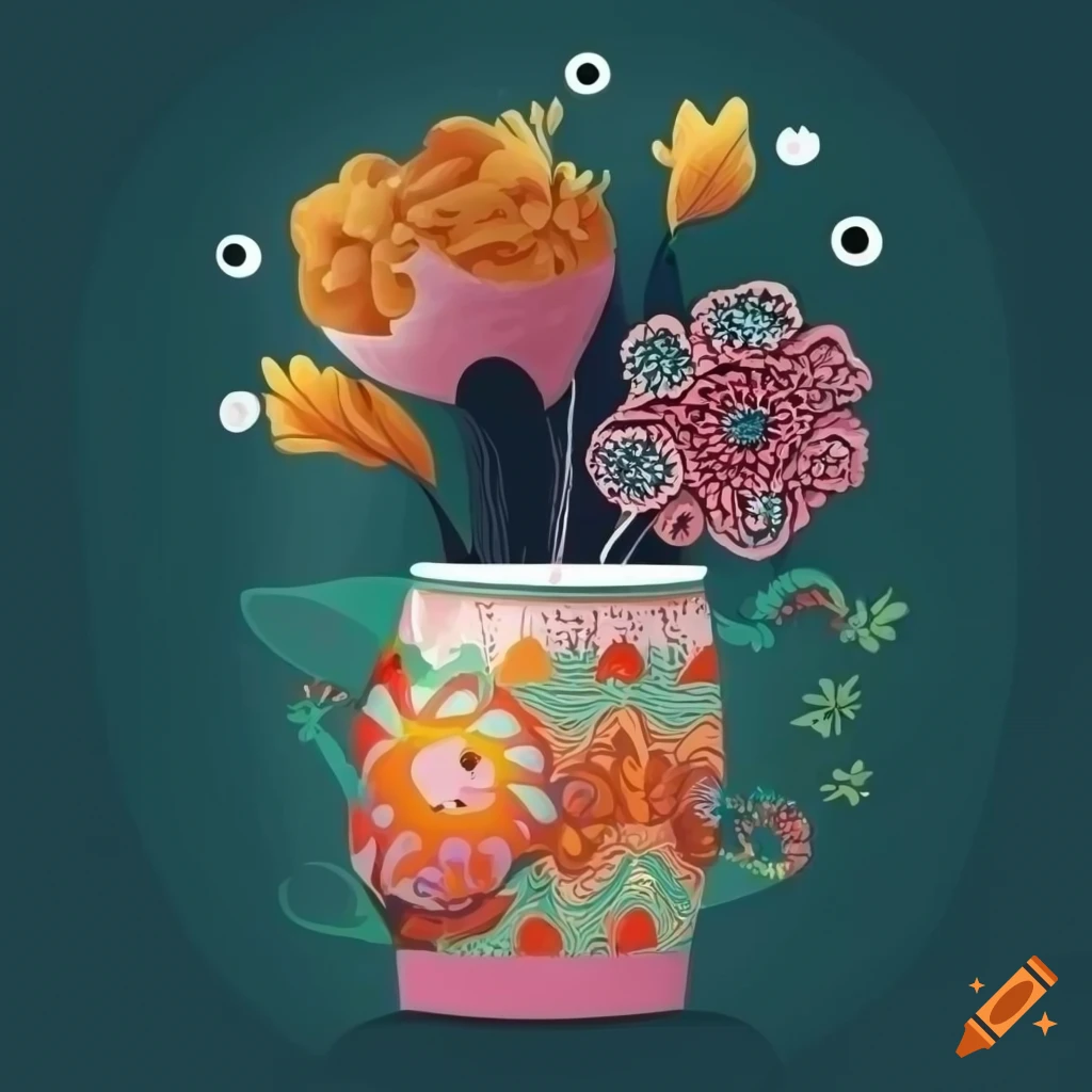 Surrealistic flat design of decorative pot and flowers with an eye in the center of the petals on a table with patterned tablecloth and a morning window