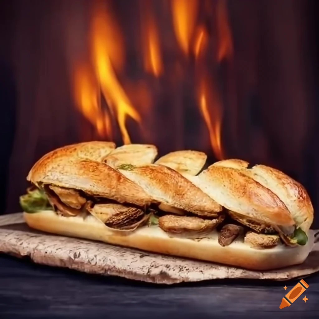 Delicious homemade braised chicken baguette in wood fire
