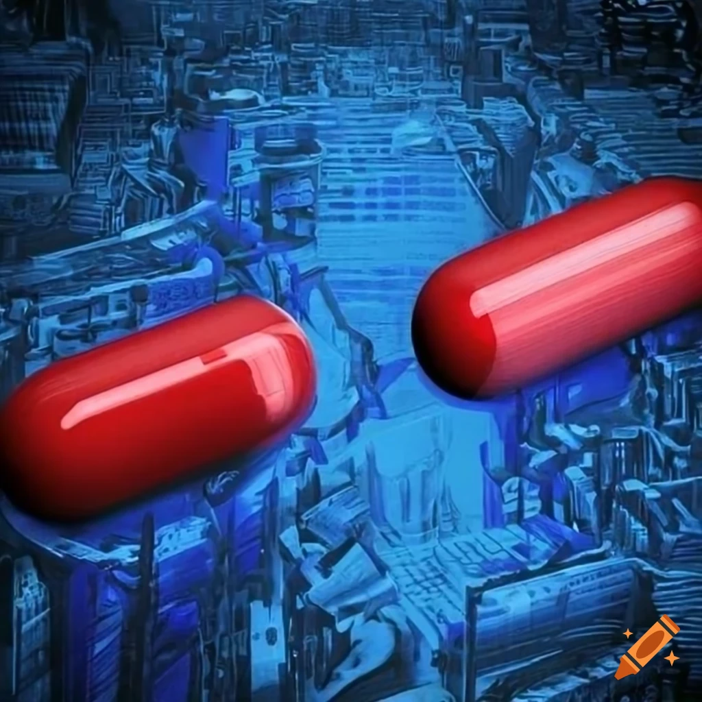 Table setting with blue and red pills in reference to the matrix on Craiyon(02)