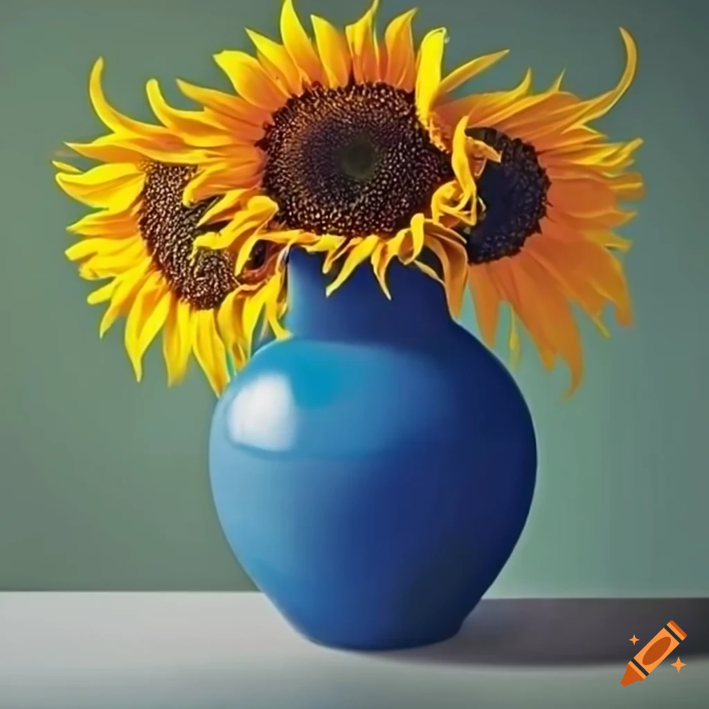 Sunflower arrangement in a blue milk vase