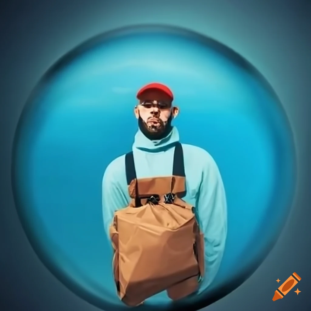 Delivery man in sky blue clothes leaning forward with a bag in an entrance hall