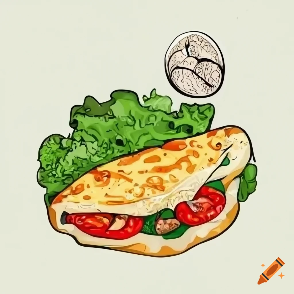 Artistically drawn menu board featuring a delicious cartoon egg omelette with mushrooms and a side salad