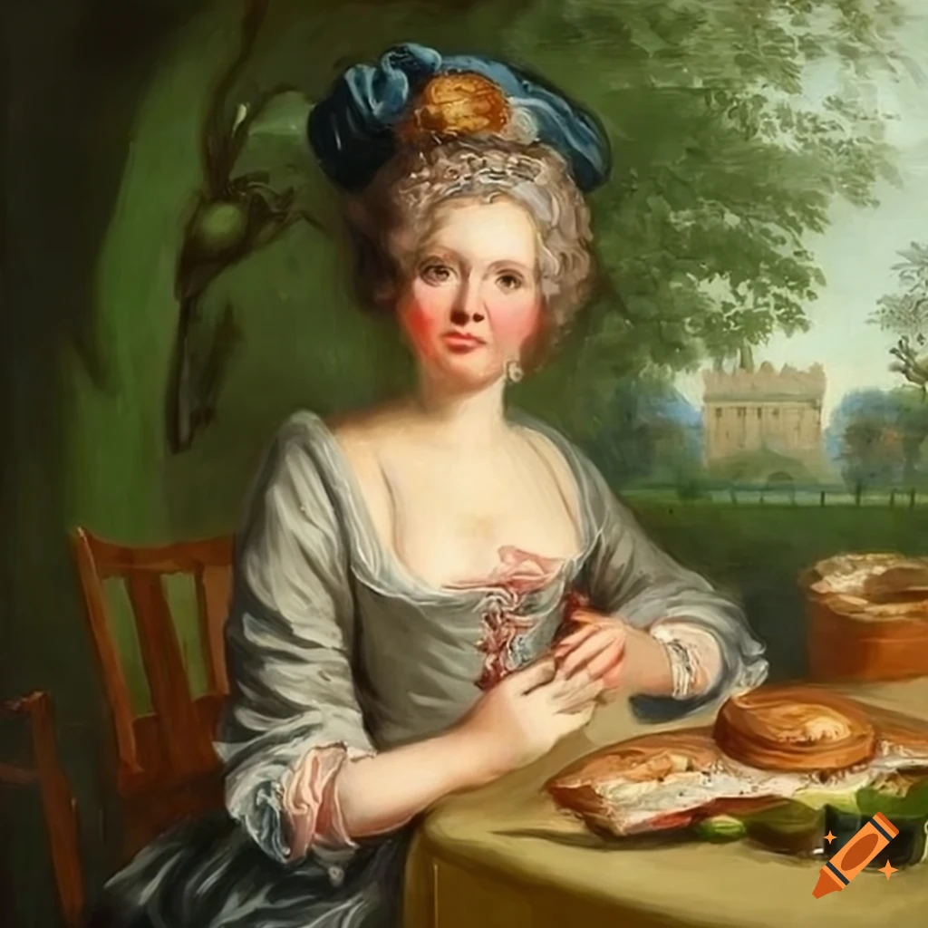 Rococo painting of a woman eating a sandwich in a French garden