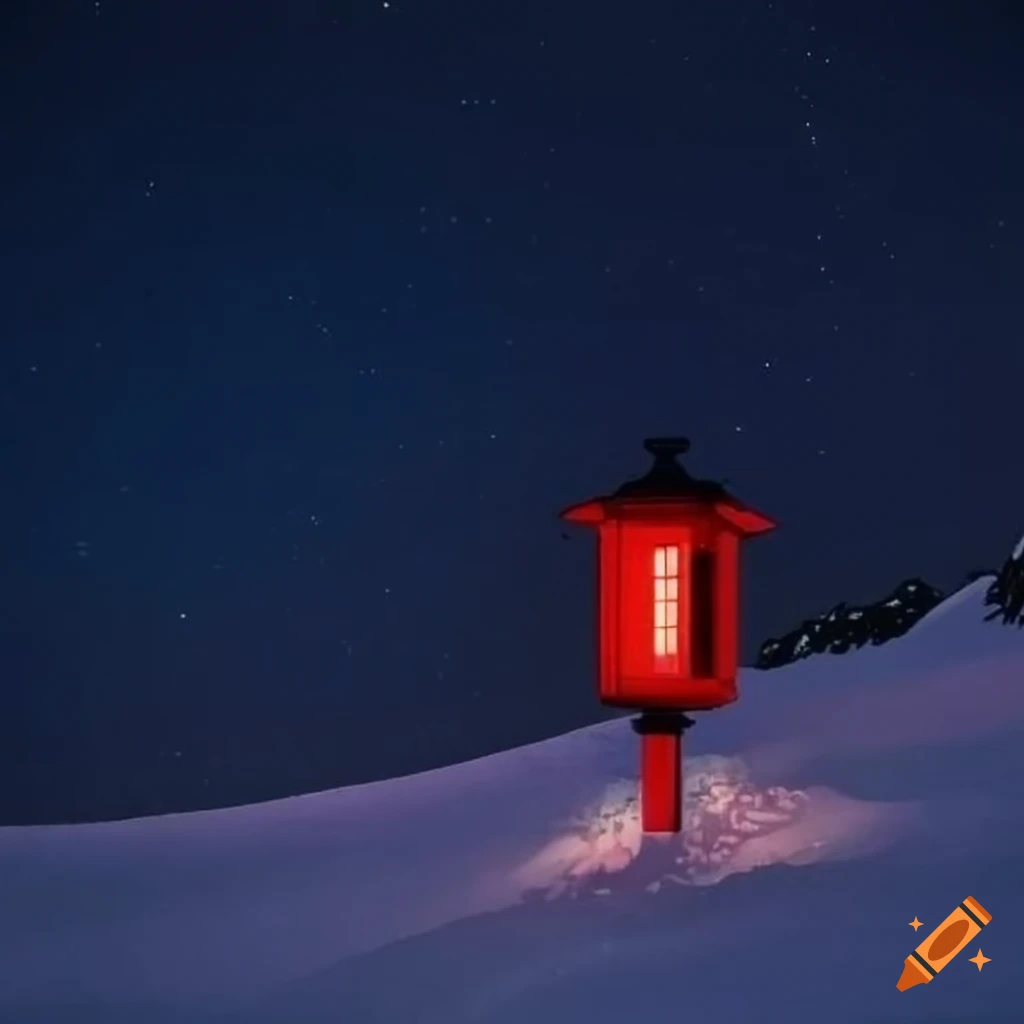 Ukiyo-e style with a glowing red lantern on a snowy hill under a deep night sky