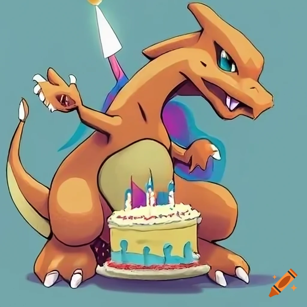 Charizard holding a birthday cake with 'Happy Birthday, Dave' text on  Craiyon, image size:1024x1024