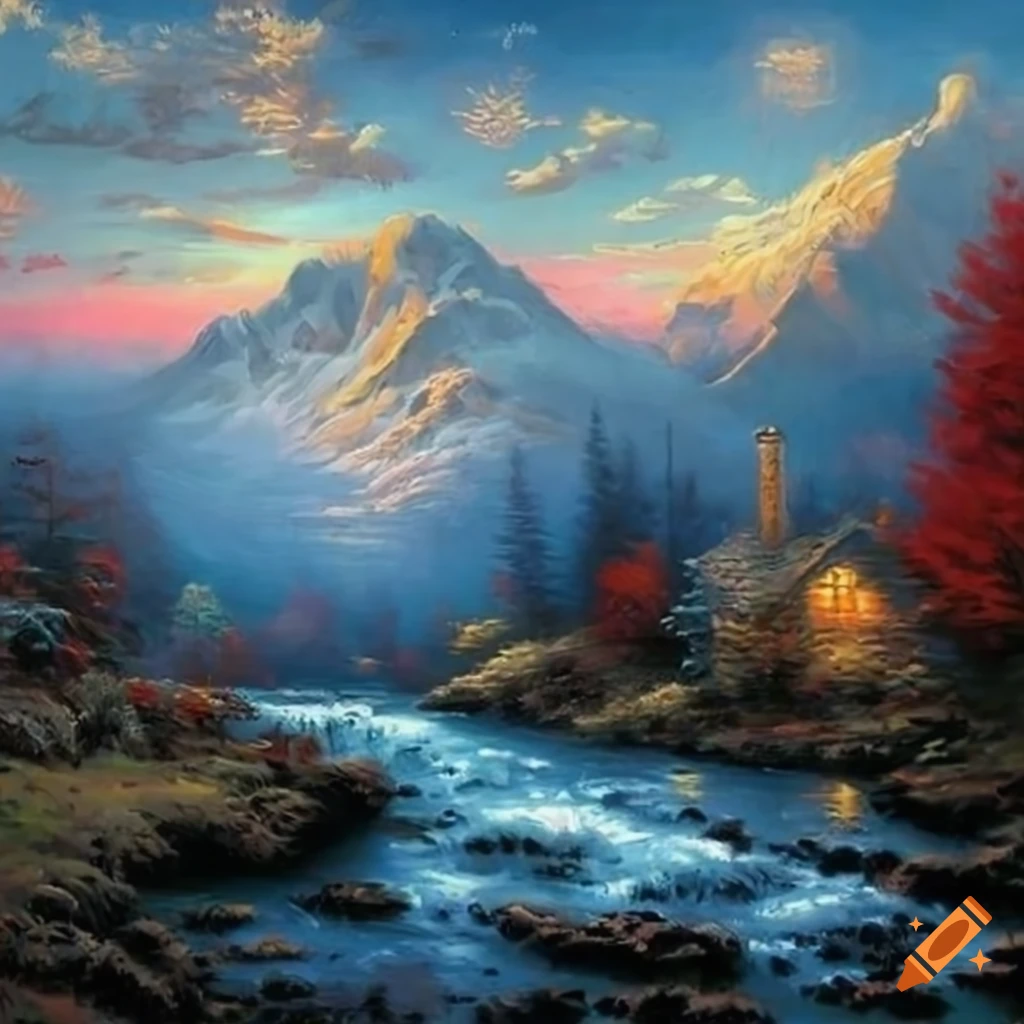 Awe-inspiring mountain landscape by Thomas Kinkade on Craiyon