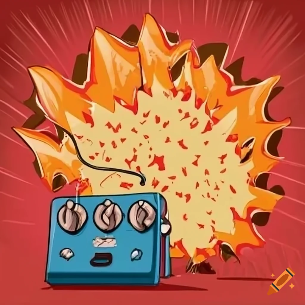 Guitar pedal explosions behind a cartoon